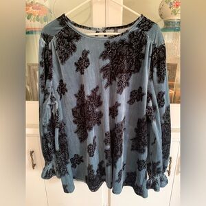 Massini Blue Velvet Burnout Floral Blouse with Black Pattern